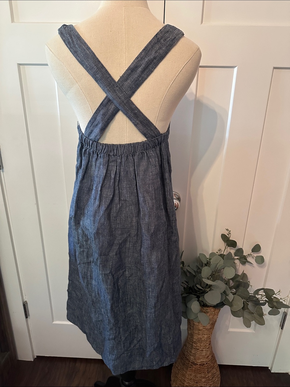 Anthropologie Staci Woo Souvenir Ed. Blue Chambray linen 3 midi pockets Sundress - Picture 7 of 11